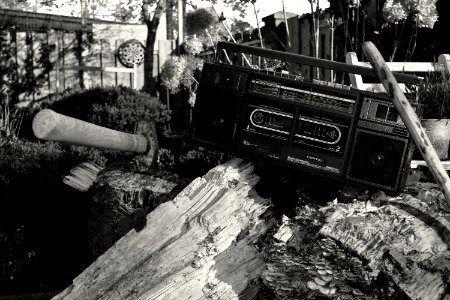Grayscale Photography Of Radio On Tree Trunk With Axe photo