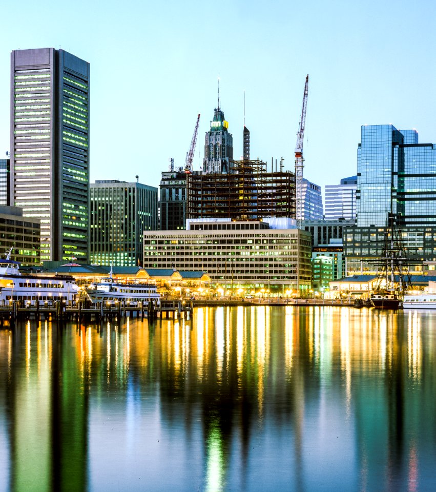 Baltimore's revitalized Inner Harbor in the 80s. Original image from Carol M. Highsmith’s America, Library of Congress collection.