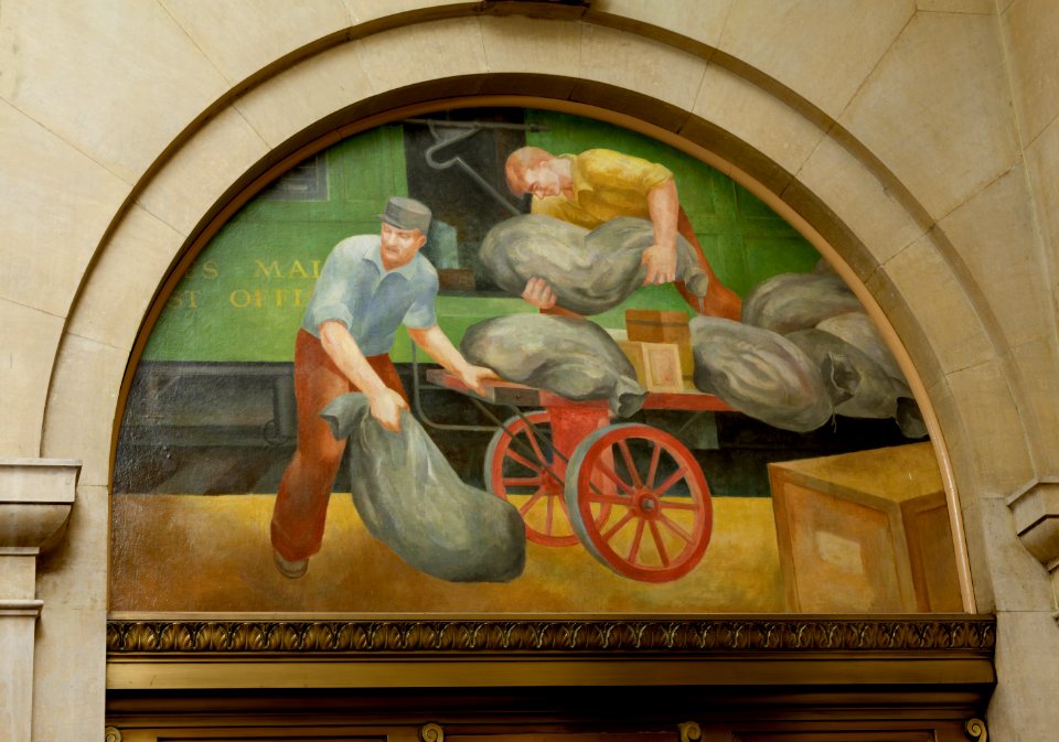 Murals, Louisville Murals-Post Office Rail Car, by Frank Weathers Long at the Gene Snyder U.S Courthouse & Custom House, Louisville, Kentucky (2011) by Carol M. Highsmith. Original image from Library of Congress.