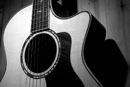 Acoustic Guitar In Grayscale Photo photo
