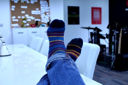 Person Wearing Blue Black Yellow Red Socks photo