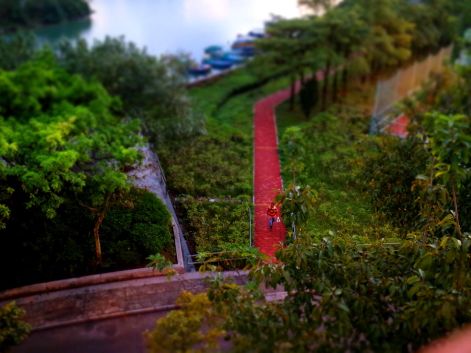 Person In Red Shirt Walking On Red Pavement