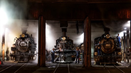 Steam locomotives in the roundhouse of the Durango & Silverton Narrow Gauge Scenic Railroad in Durango, Colorado. Original image from Carol M. Highsmith’s America, Library of Congress collection.