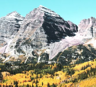 The Maroon Bells, just outside Aspen in Colorado's Rocky Mountains USA - Fall aspens in San Juan County, Colorado USA - Original image from Carol M. Highsmith’s America, Library of Congress collection. Digitally enhanced by rawpixel photo