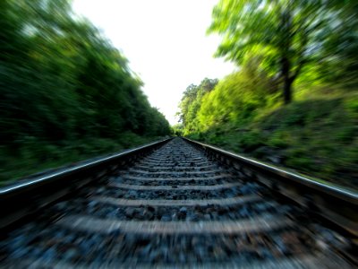 Gray Metal Railway Across In Green Trees During Day Time