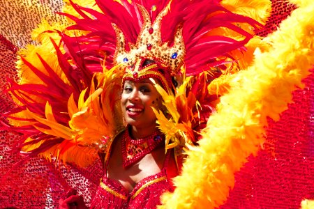 Woman Wearing Yellow Pink Costume photo