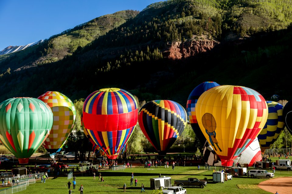 Colorful and cleverly designed hot-air balloons at the annual Telluride Balloon Festival. Original image from Carol M. Highsmith’s America, Library of Congress collection.
