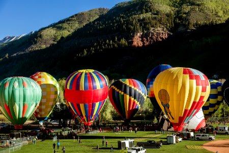 Colorful and cleverly designed hot-air balloons at the annual Telluride Balloon Festival. Original image from Carol M. Highsmith’s America, Library of Congress collection. photo