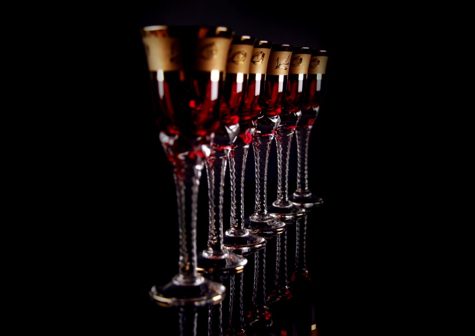 6 Red And Gold Footed Glass