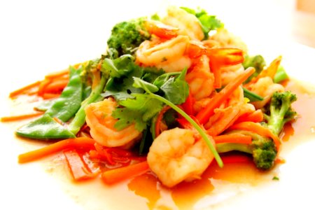 Broccoli Shrimp And Carrots Food On Tray photo