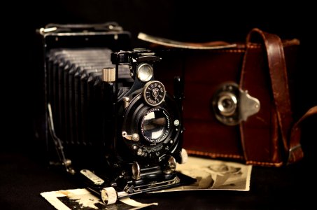 Black Classic Camera Near Brown Leather Bag