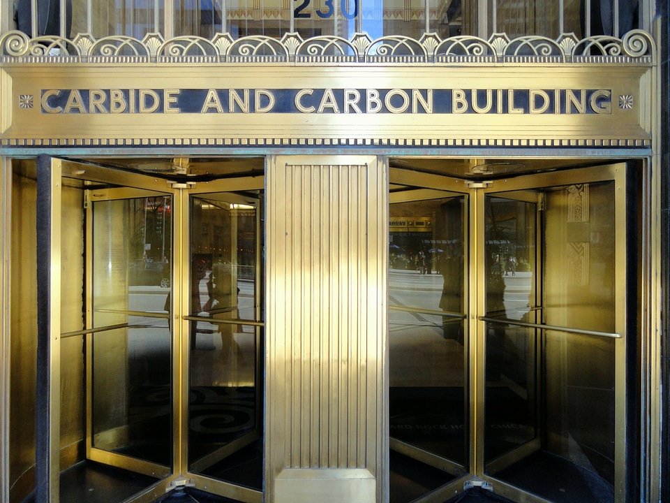 Urban carbide and carbon building entrance photo