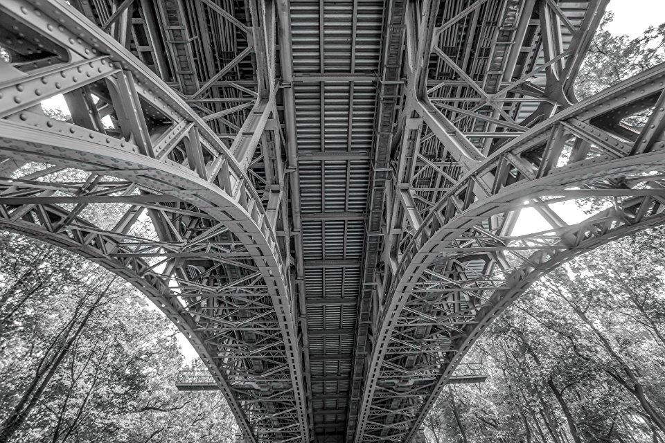 Under The Bridge Greyscale Low Angle Photograph