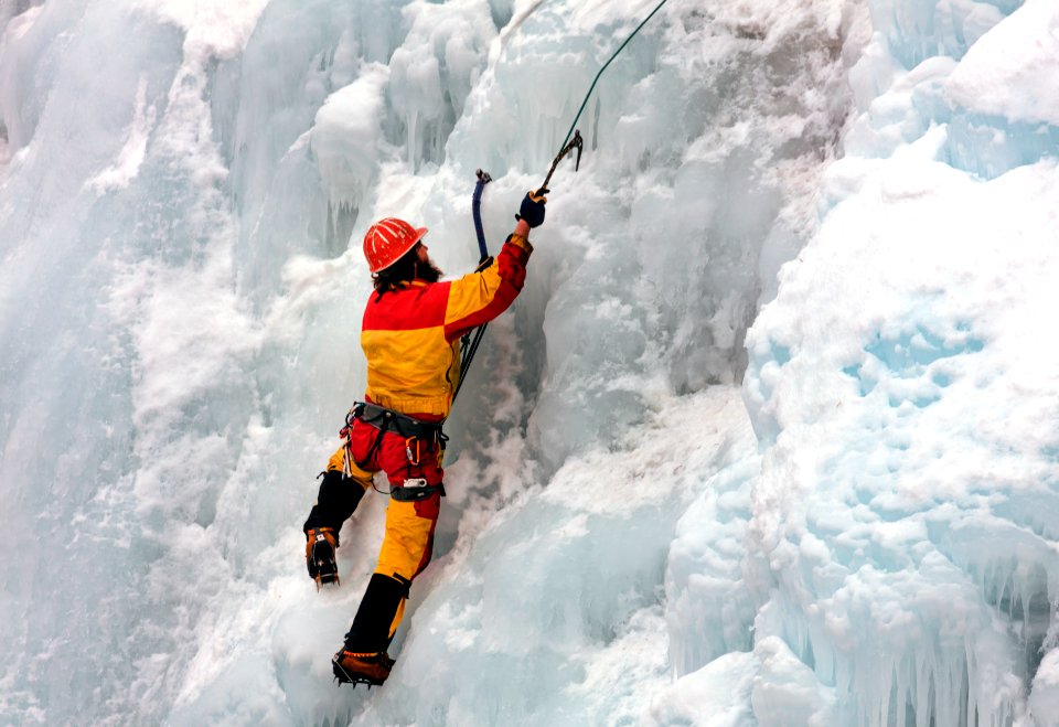 Climber at the Ouray Ice Park, a human-made ice climbing venue in a natural gorge within walking distance of the city of Ouray, Colorado. It is home to more than 200 named ice and mixed climbs. Original image from Carol M. Highsmith’s America, Library of Congress collection.