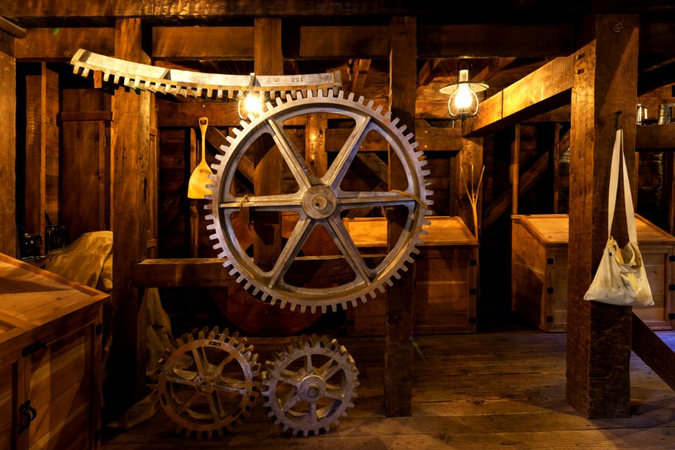 Interior tools and milling equipment at the Bale Grist Mill, now a California Historic Park. Original image from Carol M. Highsmith’s America, Library of Congress collection.