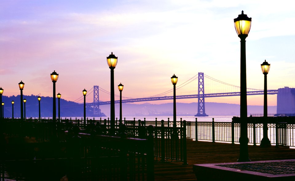 San Francisco Bay Bridge Lights at Dusk. Original image from Carol M. Highsmith’s America, Library of Congress collection.