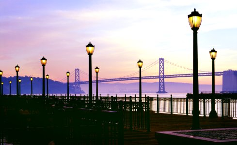 San Francisco Bay Bridge Lights at Dusk. Original image from Carol M. Highsmith’s America, Library of Congress collection.