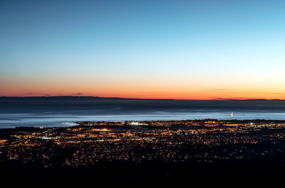 Dusk shot of Santa Barbara, California, and the Pacific shore, taken from bluffs high above the city. Original image from Carol M. Highsmith’s America, Library of Congress collection.