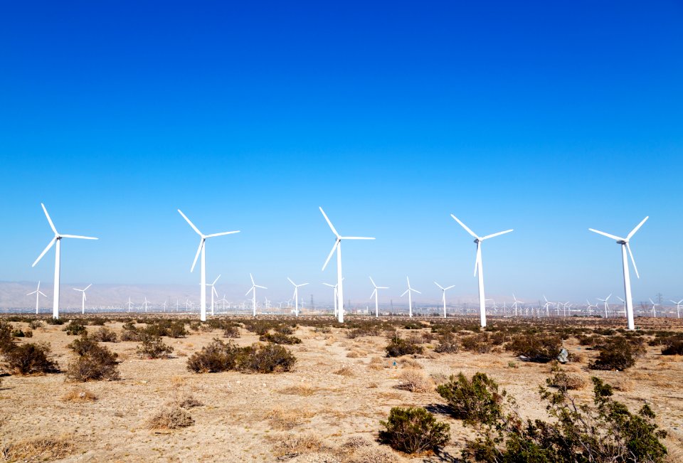 Wind turbines in the California desert. Original image from Carol M. Highsmith’s America, Library of Congress collection.