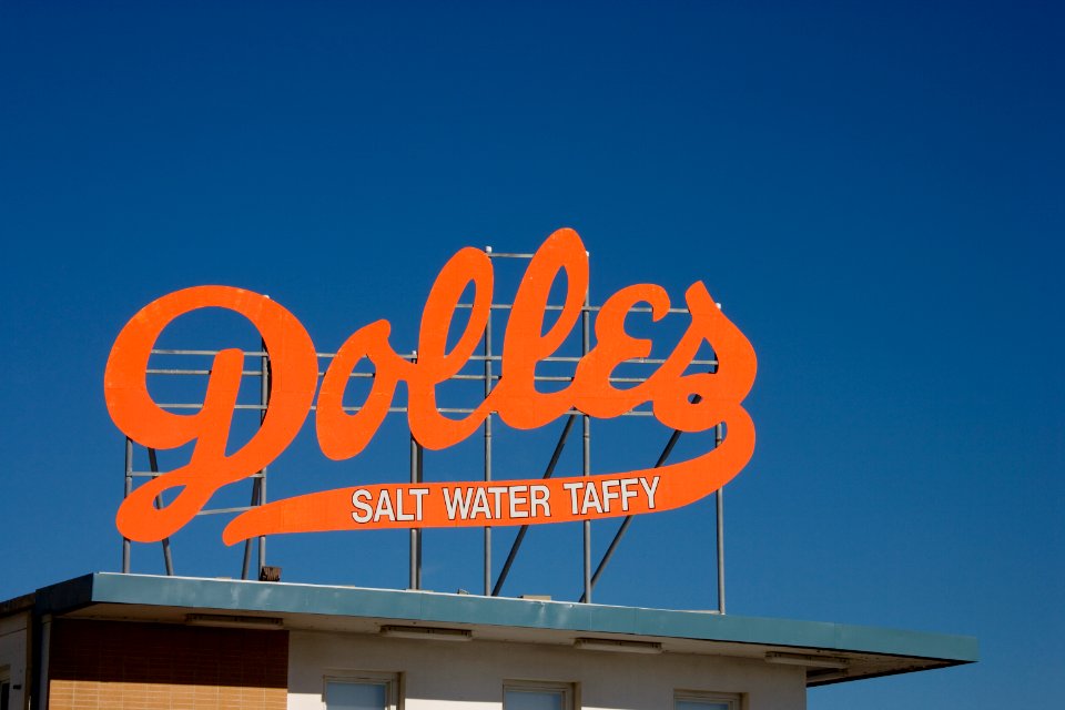 Dolles Salt Water Taffy sign, Rehoboth Beach, Delaware (2006) by Carol M. Highsmith. Original image from Library of Congress.
