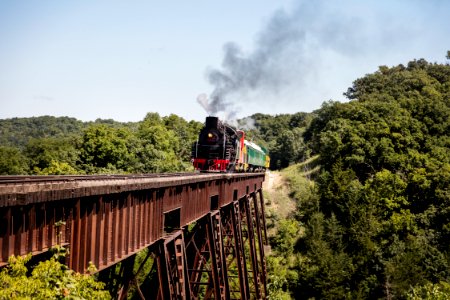 A steam train crosses the 156-foot-tall Bass Point Creek Bridge. Original image from Carol M. Highsmith’s America, Library of Congress collection.