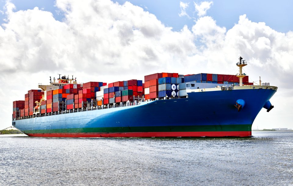 A massive container ship plies the Savannah River in Savannah, Georgia. Original image from Carol M. Highsmith’s America, Library of Congress collection.