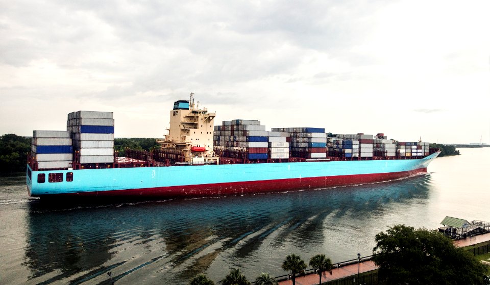 An oceangoing container ship plies the busy Savannah River in Savannah, Georgia. Original image from Carol M. Highsmith’s America, Library of Congress collection.