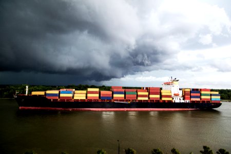 An oceangoing container ship plies the busy Savannah River in Savannah, Georgia. Original image from Carol M. Highsmith’s America, Library of Congress collection.