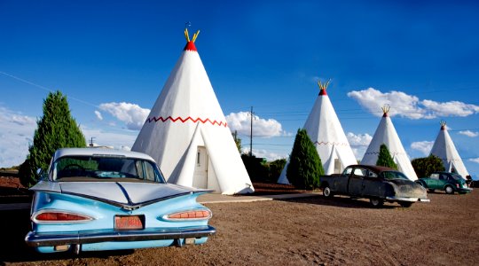 The Wigwam Motel on Route 66 in Holbrook, Arizona, where one can indeed “spend the night in a wigwam.” The brainchild of Frank Redford, this is one of what wer originally seven Wigwam Motels nationwide. The wigwams have a steel frame covered with wood, felt and canvas under a cement stucco exterior. Original image from Carol M. Highsmith’s America, Library of Congress collection.