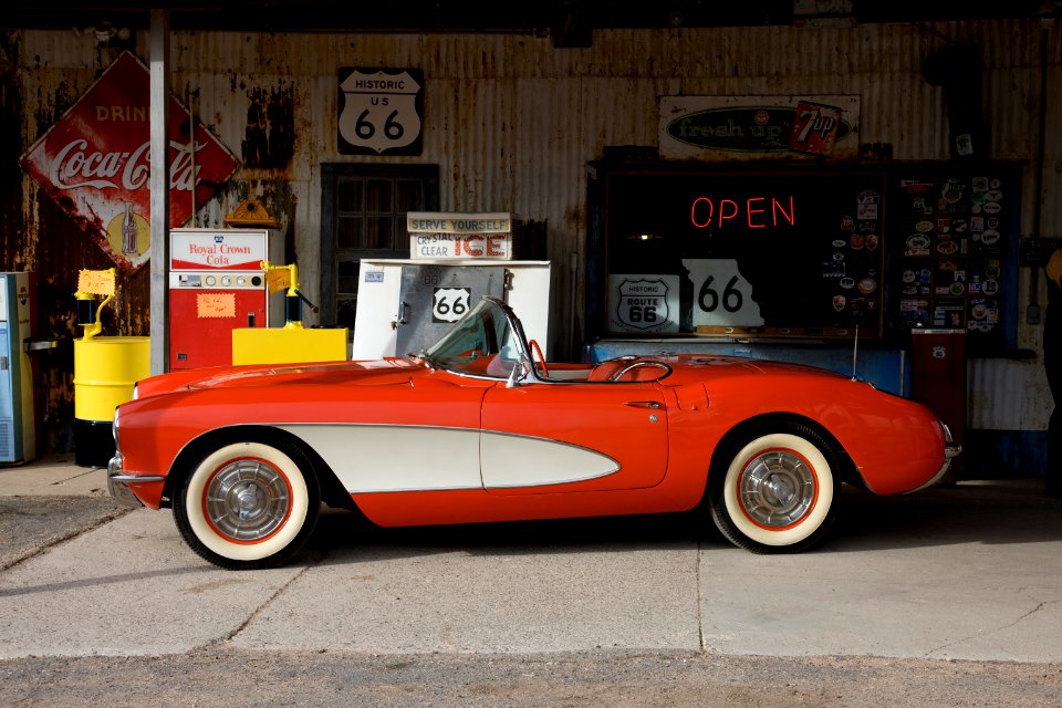 Corvette Car outside the Route 66 Hackberry General Store in Hackberry, Arizona. Original image from Carol M. Highsmith’s America, Library of Congress collection.