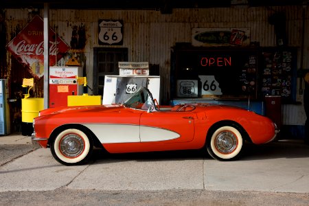 Corvette Car outside the Route 66 Hackberry General Store in Hackberry, Arizona. Original image from Carol M. Highsmith’s America, Library of Congress collection.