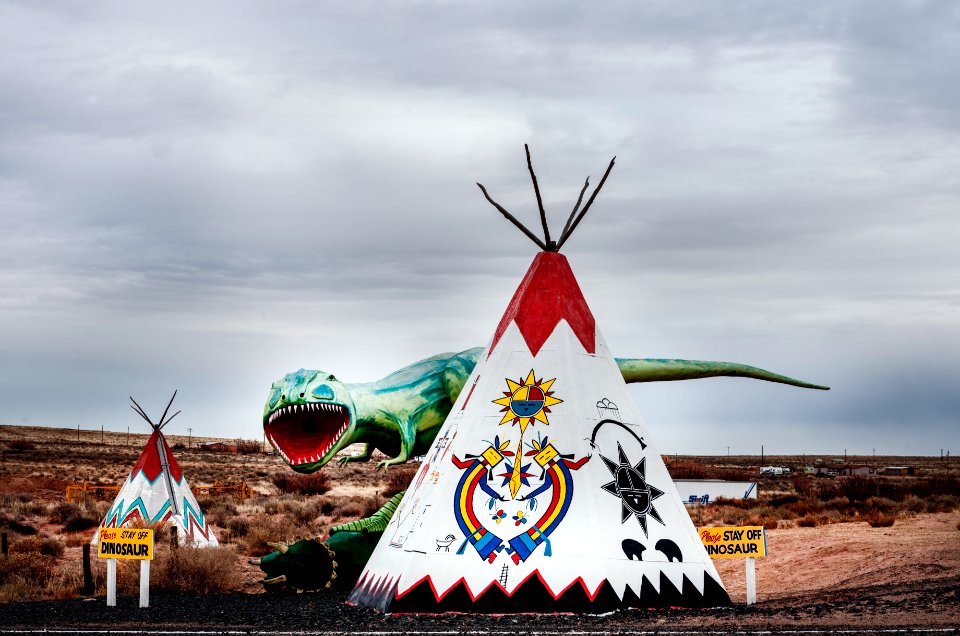 A fearsome dinosaur menaces at the Painted Desert Indian Center in Sun Valley, Arizona. Original image from Carol M. Highsmith’s America, Library of Congress collection.