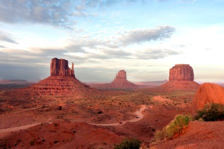 View of spectacular Monument Valley, one of the most-photographed scenic locations in Arizona, on Navajo lands east of the Grand Canyon. Original image from Carol M. Highsmith’s America, Library of Congress collection.