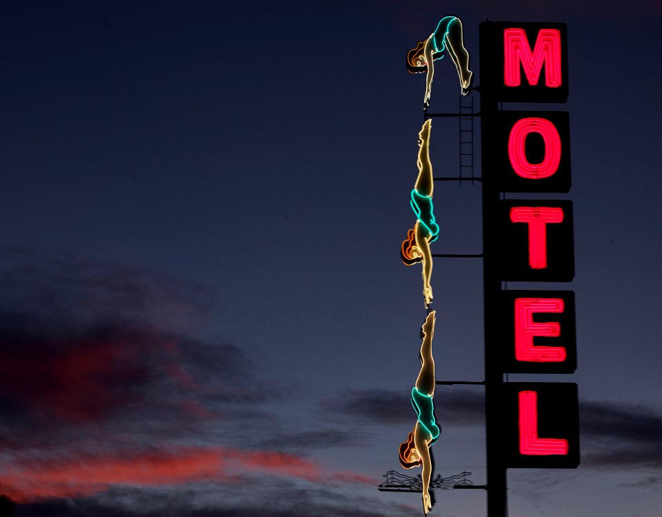 Creative "diver" neon sign at the old Starlight Motel in Mesa, a small Arizona city that became one of sprawling Phoenix's many suburbs. Original image from Carol M. Highsmith’s America, Library of Congress collection.
