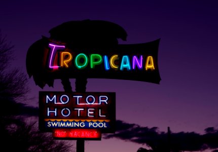 There was a time when the signs for every decent motel in Tucson shimmered in neon vibrance along the “Miracle Mile” entryway into town. Now all but a handful of them are dark or gone from those days when riding the “open road” was often a family adventure. The 1940s-vintage Tropicana “motor hotel” is long gone, but its sign and three more were rescued, rehabilitated, relocated, and put back on display in 2014 near the downtown campus of Pima Community College. Original image from Carol M. Highsmith’s America, Library of Congress collection. photo