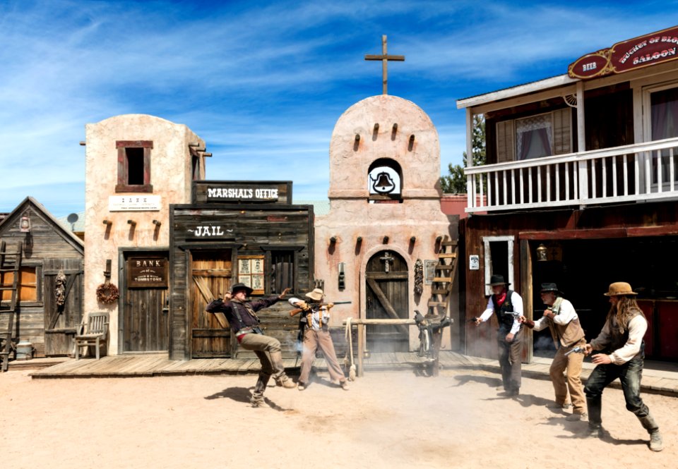 Mock shootout, strictly for visitors’ benefit, in Old Tombstone in southeast Arizona. Original image from Carol M. Highsmith’s America, Library of Congress collection.