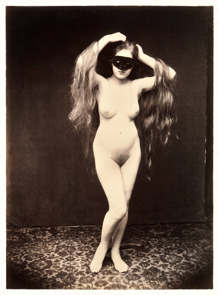 Nude photography of naked woman, Female Nude with Mask (ca. 1870).