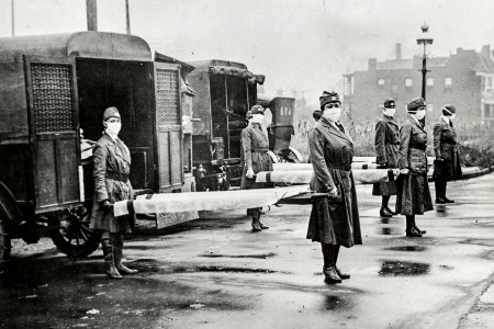 St. Louis Red Cross Motor Corps on duty during influenza epidemic (1918). photo