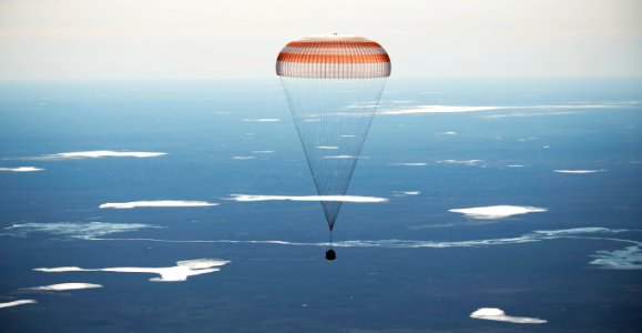 The Soyuz MS-02 spacecraft is seen as it lands with Expedition 50 near the town of Zhezkazgan, Kazakhstan, April 10, 2017.