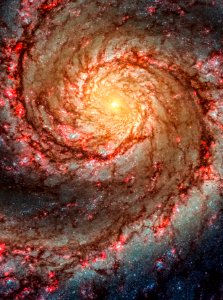 The Whirlpool Galaxy, also known as Messier 51a is an interacting grand-design spiral galaxy with a Seyfert 2 active galactic nucleus.