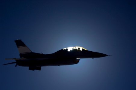 The U.S. Air Force's F-16D Automatic Collision Avoidance Technology (ACAT) aircraft eclipsed the sun during a flight, 2009-03-29. photo