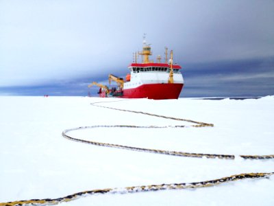 Arrival of the RRS Ernest Shackleton near Halley Research Station in Antarctica, January, 2013. photo