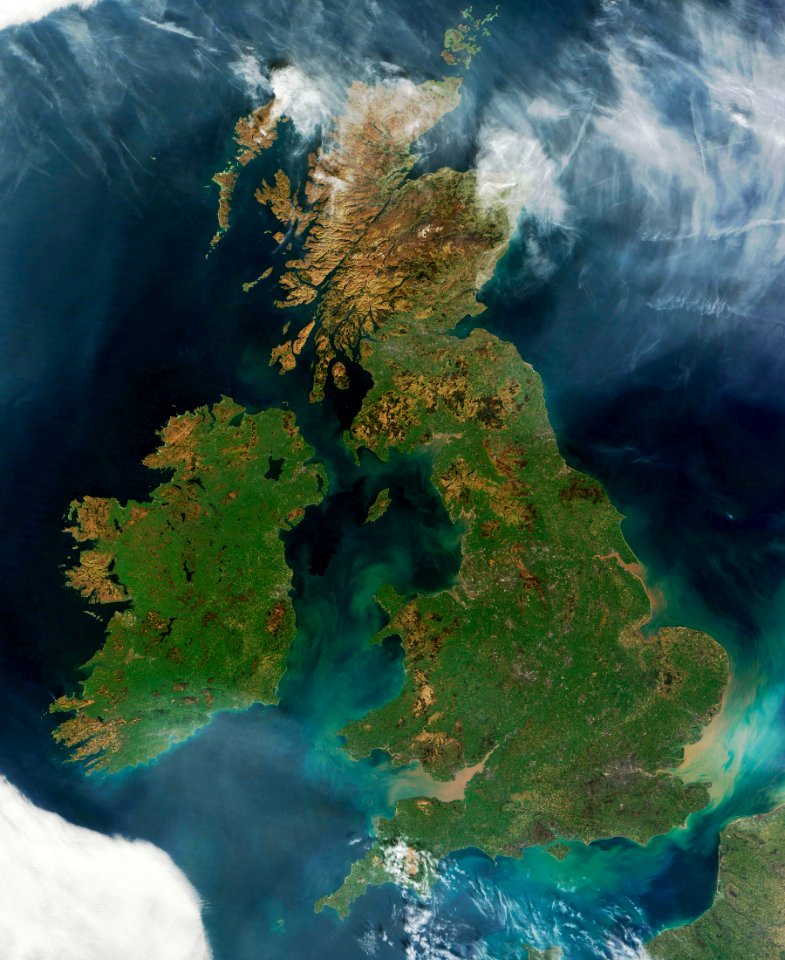 Nearly cloud-free view of Great Britain and Ireland was acquired by the Moderate Resolution Imaging Spectroradiometer aboard NASA’s Terra satellite on March 26, 2012.