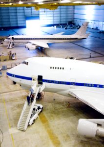 NASA'S SOFIA infrared observatory 747SP (front) and DC-8 flying laboratory (rear) housed at the Dryden Aircraft Operations Facility in Palmdale, Calif, January 17, 2008.