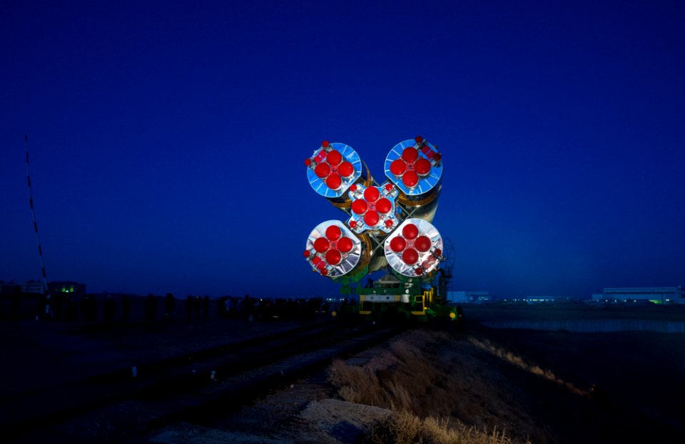 The Soyuz rocket is rolled out to the launch pad by train at the Baikonur Cosmodrome in Kazakhstan.
