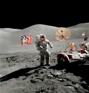 Astronaut Eugene A. Cernan, walks toward the Lunar Roving Vehicle during extravehicular activity at the Taurus-Littrow landing site of NASA's sixth and final Apollo lunar landing mission.