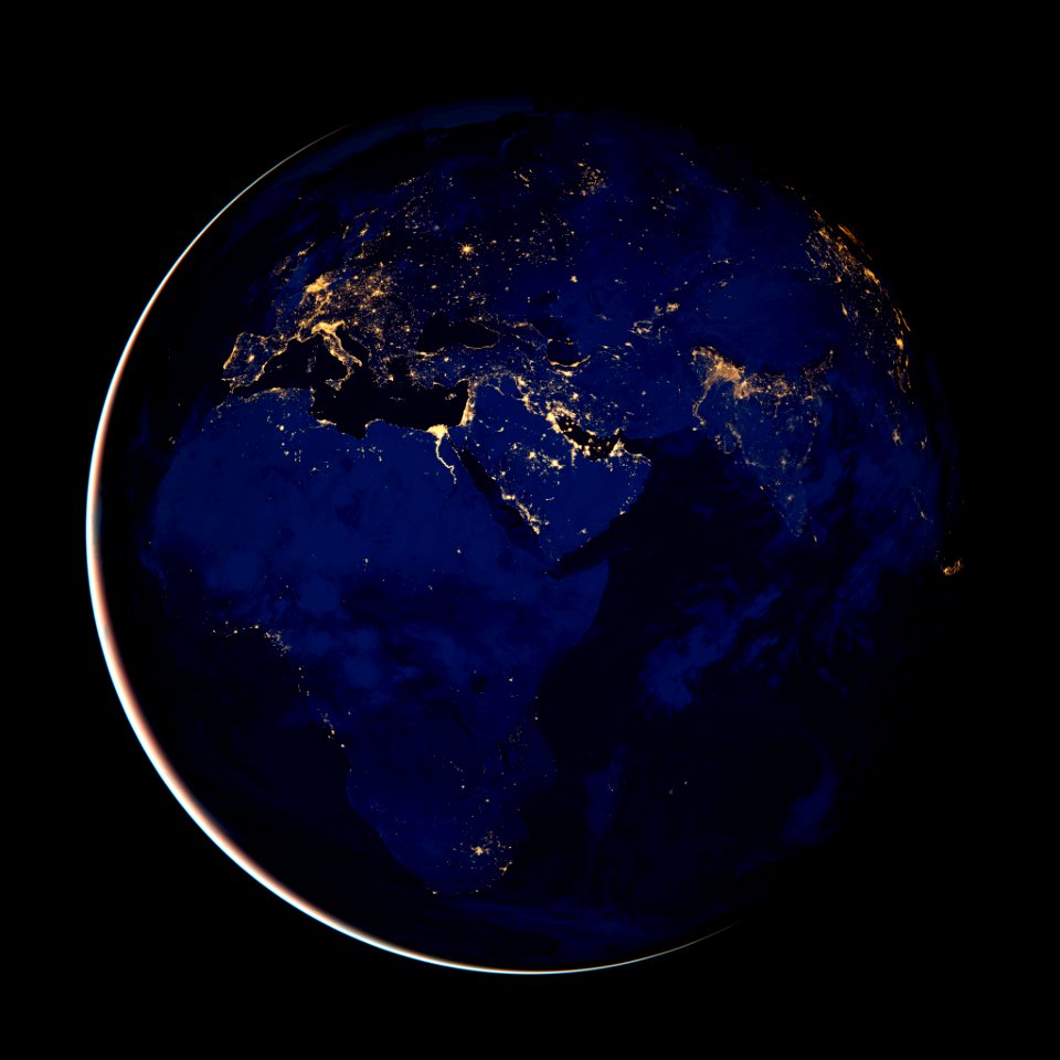 Image of Europe, Africa, and the Middle East at night.