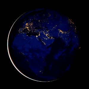 Image of Europe, Africa, and the Middle East at night.