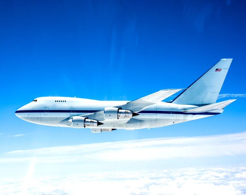 NASA's Stratospheric Observatory for Infrared Astronomy is silhouetted against the sky as it soars on its second check flight near Waco, Texas on May 10, 2007.