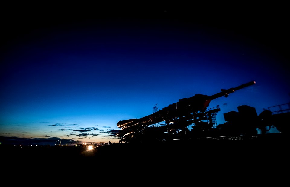Soyuz TMA-17 spacecraft is rolled out by train to the launch pad at the Baikonur Cosmodrome, Kazakhstan.